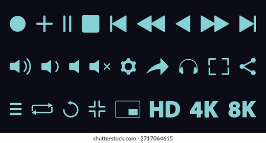 Modern teal media player and user interface icons set for digital applications