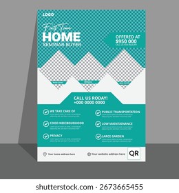 Flyer moderno del seminario del comprador de la primera vez de la onda verde azulada.