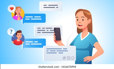 Modern team communication. People group chatting messaging using chat app or social network on mobile phone. Conference cellphone conversation person sending messages. Flat vector concept illustration