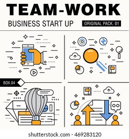 Modern team work pack. Thin line icons business works. Group people organization meeting future business industry elements. High quality vector symbol. Stroke pictogram for web design.