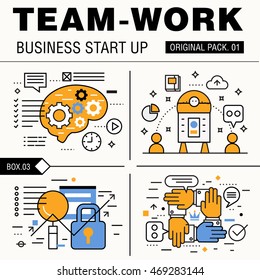 Modern team work pack. Thin line icons business works. Group people organization meeting future business industry elements. High quality vector symbol. Stroke pictogram for web design.