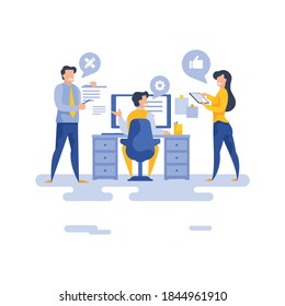 Equipo moderno trabajando en el proyecto juntos ilustraciones vectoriales. Caricatura plana de personajes hombres y mujeres discutiendo datos e ideas mientras usan computadoras y trabajan en proyectos creativos en oficina contemporánea