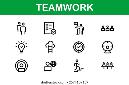 Modern Teamwork Icon Set. Professional and Minimalist Vectors for Collaboration, Team Building, and Office Projects in Outline Style.