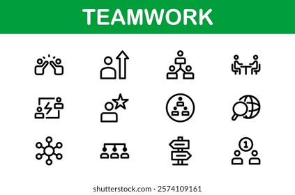 Modern Teamwork Icon Set. Professional and Minimalist Vectors for Collaboration, Team Building, and Office Projects in Outline Style.