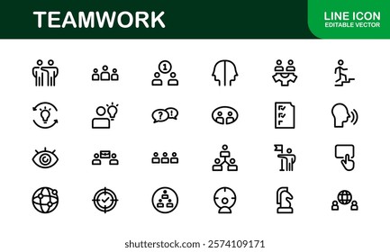 Modern Teamwork Icon Set. Professional and Minimalist Vectors for Collaboration, Team Building, and Office Projects in Outline Style.
