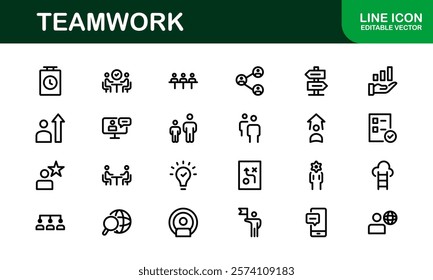 Modern Teamwork Icon Set. Professional and Minimalist Vectors for Collaboration, Team Building, and Office Projects in Outline Style.