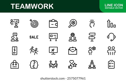 Modern Teamwork Icon Set. Professional and Minimalist Vectors for Collaboration, Team Building, and Office Projects in Outline Style.