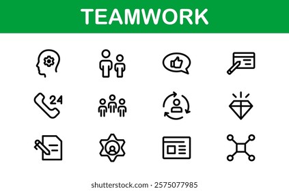 Modern Teamwork Icon Set. Professional and Minimalist Vectors for Collaboration, Team Building, and Office Projects in Outline Style.