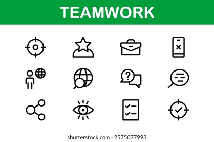 Modern Teamwork Icon Set. Professional and Minimalist Vectors for Collaboration, Team Building, and Office Projects in Outline Style.