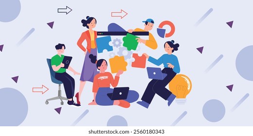 Modern teamwork illustration featuring a diverse team working together on strategy and planning, with charts and tools. Ideal for corporate posters, banners, presentations, flyers, and websites.