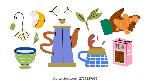 Bule moderno, copos cerâmicos, aditivos de chá no estilo retro dos desenhos animados. Autocolantes de bebidas confortáveis e acolhedores. Açúcar, saco de chá, gengibre, citrinos, chá verde. Ilustração plana vetorial de bebida