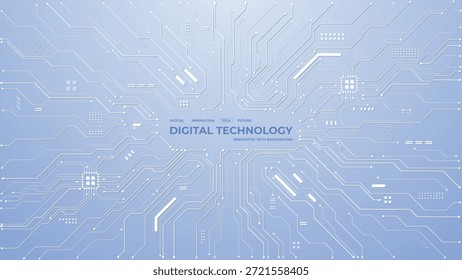 Fundo tecnológico moderno com padrões de circuito abstrato e elementos digitais brilhantes. Design branco futurista com linhas geométricas e acentos azuis minimalistas para capas. Fundo do vetor digital.