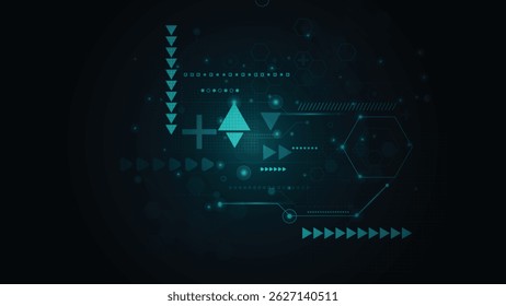 Fondo tecnológico moderno con hexágonos de flechas brillantes, rejillas digitales y diseño de interfaz de datos abstractos