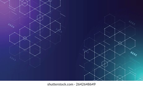 Modern tech background with geometric hexagons, connected dots, and gradient glow ideal for digital, data, and innovation themes in technology and science projects