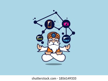 Modern Tech Bearded Gadget Guru Cartoon Mascot Vector Illustration