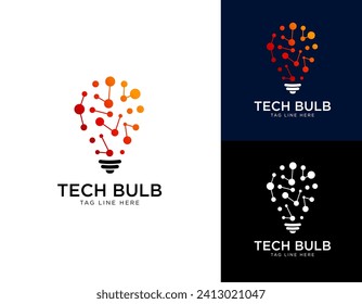 Concepto moderno de diseño del logotipo de la bombilla tecnológica. Plantilla para el logotipo de la idea de la bombilla de tecnología de píxeles. Lámpara de luz idea innovación creativa conexión de red diseño de logotipo de energía tecnología digital