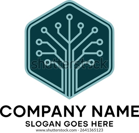 Modern tech company logo design featuring a hexagon shape with a circuit board tree inside.  Clean, minimalist style, perfect for tech startups or innovative businesses.