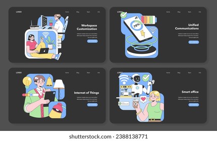 Modern Tech Concepts. Profesionales que mejoran espacios de trabajo digitales, logrando comunicación instantánea. Exploración IoT. Auxiliares de oficina automáticos en el trabajo. Ilustración vectorial plana