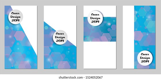 Modern Tech Covers with Blue Hexagons, Lights and Bokeh. Set of Technic Colorful Posters. Trendy Vertical Banners Design with White Form. Sale Brochures. Vacation Ads. Tech Backgrounds.