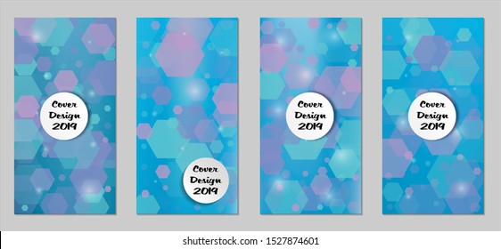 Modern Tech Covers with Blue Hexagons, Lights and Bokeh. Set of Technic Colorful Posters. Trendy Vertical Banners Design with White Form. Sale Brochures. Vacation Ads. Tech Backgrounds.