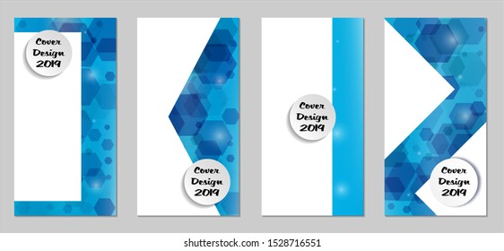 Modern Tech Covers with Blue Hexagons, Lights and Bokeh. Set of Technic Colorful Posters. 