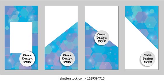 Modern Tech Covers with Blue Hexagons, Lights and Bokeh. Set of Technic Colorful Posters. Trendy Vertical Banners Design with White Form. Sale Brochures. Vacation Ads. Tech Backgrounds.