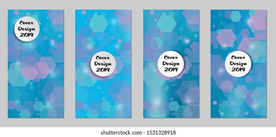 Modern Tech Covers with Blue Hexagons, Lights and Bokeh. Set of Technic Colorful Posters. Trendy Vertical Banners Design with White Form. Sale Brochures. Vacation Ads. Tech Backgrounds.