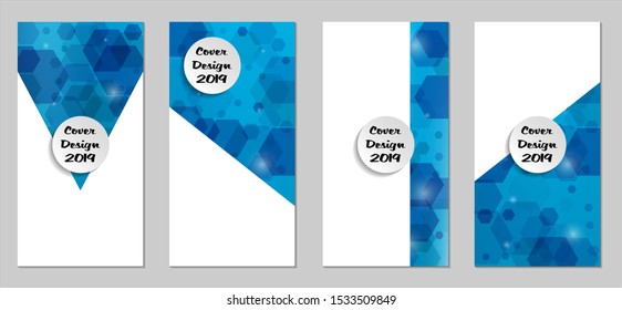 Modern Tech Covers with Blue Hexagons, Lights and Bokeh. Set of Technic Colorful Posters. Trendy Vertical Banners Design with White Form. Sale Brochures. Vacation Ads. Tech Backgrounds.