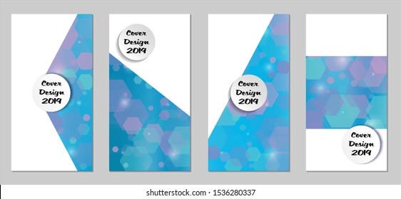 Modern Tech Covers with Blue Hexagons, Lights and Bokeh. Set of Technic Colorful Posters. Trendy Vertical Banners Design with White Form. Sale Brochures. Vacation Ads. Tech Backgrounds.