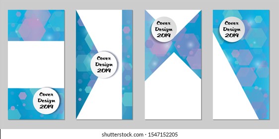 Modern Tech Covers with Blue Hexagons, Lights and Bokeh. Set of Technic Colorful Posters. Trendy Vertical Banners Design with White Form. Sale Brochures. Vacation Ads. Tech Backgrounds.