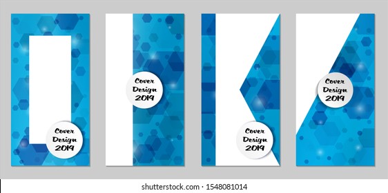 Modern Tech Covers with Blue Hexagons, Lights and Bokeh. Set of Technic Colorful Posters. Trendy Vertical Banners Design with White Form. Sale Brochures. Vacation Ads. Tech Backgrounds.