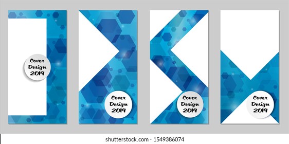 Modern Tech Covers with Blue Hexagons, Lights and Bokeh. Set of Technic Colorful Posters. Trendy Vertical Banners Design with White Form. Sale Brochures. Vacation Ads. Tech Backgrounds.
