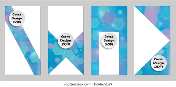 Modern Tech Covers with Blue Hexagons, Lights and Bokeh. Set of Technic Colorful Posters. Trendy Vertical Banners Design with White Form. Sale Brochures. Vacation Ads. Tech Backgrounds.