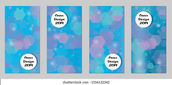 Modern Tech Covers with Blue Hexagons, Lights and Bokeh. Set of Technic Colorful Posters. Trendy Vertical Banners Design with White Form. Sale Brochures. Vacation Ads. Tech Backgrounds.