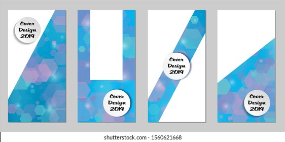Modern Tech Covers with Blue Hexagons, Lights and Bokeh. Set of Technic Colorful Posters. Trendy Vertical Banners Design with White Form. Sale Brochures. Vacation Ads. Tech Backgrounds.