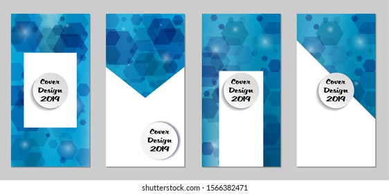 Modern Tech Covers with Blue Hexagons, Lights and Bokeh. Set of Technic Colorful Posters. Trendy Vertical Banners Design with White Form. Sale Brochures. Vacation Ads. Tech Backgrounds.