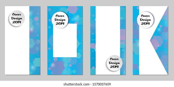 Modern Tech Covers with Blue Hexagons, Lights and Bokeh. Set of Technic Colorful Posters. Trendy Vertical Banners Design with White Form. Sale Brochures. Vacation Ads. Tech Backgrounds.