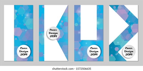 Modern Tech Covers with Blue Hexagons, Lights and Bokeh. Set of Technic Colorful Posters. Trendy Vertical Banners Design with White Form. Sale Brochures. Vacation Ads. Tech Backgrounds.