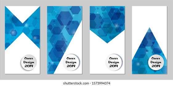 Modern Tech Covers with Blue Hexagons, Lights and Bokeh. Set of Technic Colorful Posters. Trendy Vertical Banners Design with White Form. Sale Brochures. Vacation Ads. Tech Backgrounds.