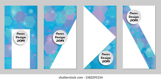 Modern Tech Covers with Blue Hexagons, Lights and Bokeh. Set of Technic Colorful Posters. Trendy Vertical Banners Design with White Form. Sale Brochures. Vacation Ads. Tech Backgrounds.
