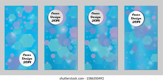 Modern Tech Covers with Blue Hexagons, Lights and Bokeh. Set of Technic Colorful Posters. Trendy Vertical Banners Design with White Form. Sale Brochures. Vacation Ads. Tech Backgrounds.