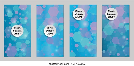 Modern Tech Covers with Blue Hexagons, Lights and Bokeh. Set of Technic Colorful Posters. Trendy Vertical Banners Design with White Form. Sale Brochures. Vacation Ads. Tech Backgrounds.