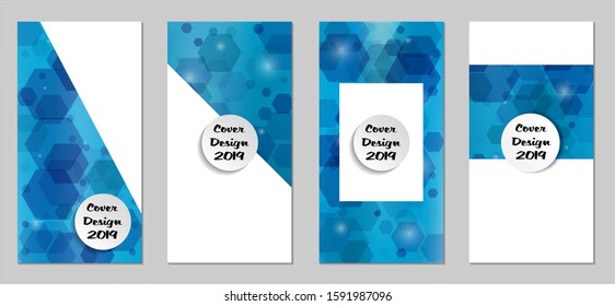 Modern Tech Covers with Blue Hexagons, Lights and Bokeh. Set of Technic Colorful Posters. Trendy Vertical Banners Design with White Form. Sale Brochures. Vacation Ads. Tech Backgrounds.
