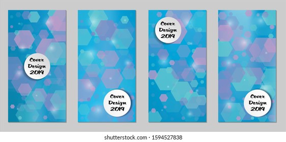 Modern Tech Covers with Blue Hexagons, Lights and Bokeh. Set of Technic Colorful Posters. Trendy Vertical Banners Design with White Form. Sale Brochures. Vacation Ads. Tech Backgrounds.