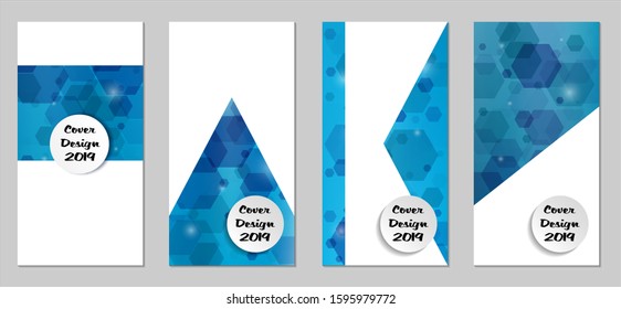 Modern Tech Covers with Blue Hexagons, Lights and Bokeh. Set of Technic Colorful Posters. Trendy Vertical Banners Design with White Form. Sale Brochures. Vacation Ads. Tech Backgrounds.