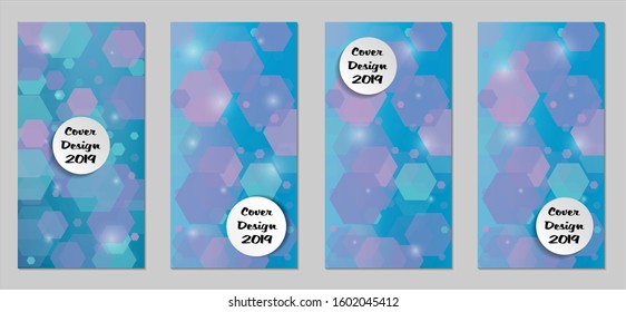 Modern Tech Covers with Blue Hexagons, Lights and Bokeh. Set of Technic Colorful Posters. Trendy Vertical Banners Design with White Form. Sale Brochures. Vacation Ads. Tech Backgrounds.
