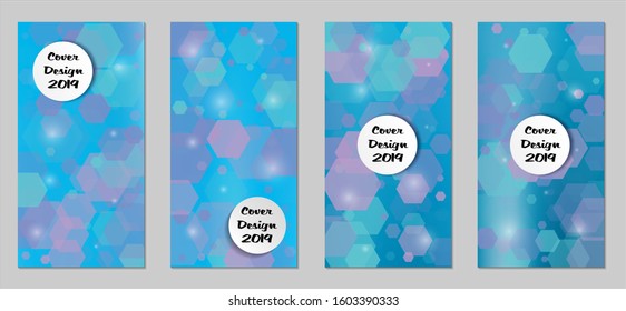 Modern Tech Covers with Blue Hexagons, Lights and Bokeh. Set of Technic Colorful Posters. Trendy Vertical Banners Design with White Form. Sale Brochures. Vacation Ads. Tech Backgrounds.