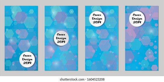 Modern Tech Covers with Blue Hexagons, Lights and Bokeh. Set of Technic Colorful Posters. Trendy Vertical Banners Design with White Form. Sale Brochures. Vacation Ads. Tech Backgrounds.