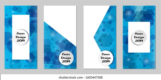 Modern Tech Covers with Blue Hexagons, Lights and Bokeh. Set of Technic Colorful Posters. Trendy Vertical Banners Design with White Form. Sale Brochures. Vacation Ads. Tech Backgrounds.