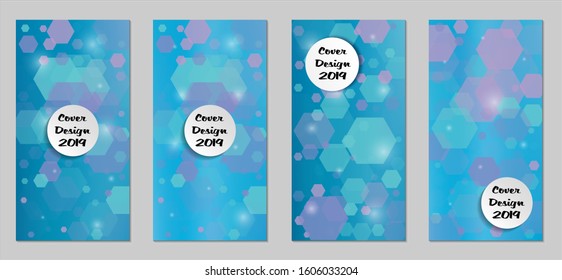 Modern Tech Covers with Blue Hexagons, Lights and Bokeh. Set of Technic Colorful Posters. Trendy Vertical Banners Design with White Form. Sale Brochures. Vacation Ads. Tech Backgrounds.